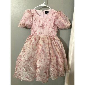 Pink Floral Bardot Junior Girls Dress Size 16 With Puff Sleeves & Back Zipper